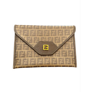 Fendi Beige & Brown Leather & Coated Canvas Zucca Monogram Small Envelope Clutch